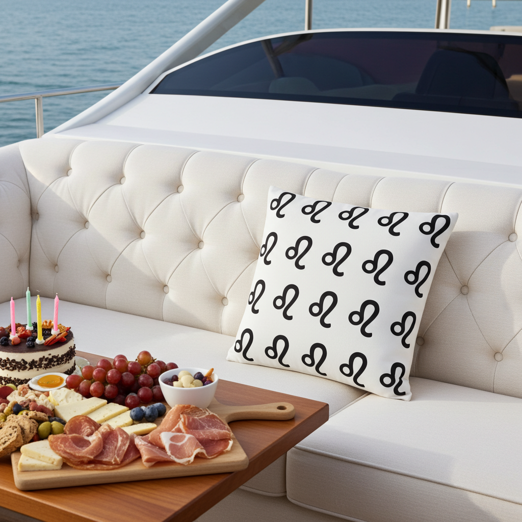 A white tufted yacht sofa with a white throw pillow featuring a black leo pattern, styled with a charcuterie board, grapes, and a birthday cake on a sunny day by the water.