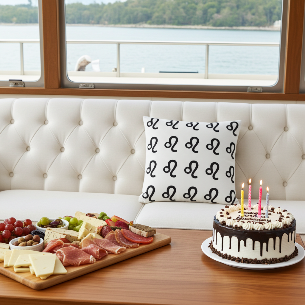 A styled indoor scene by a window with a tufted white sofa, a patterned leo  throw pillow, a charcuterie board, and a chocolate-drip birthday cake with lit candles. 