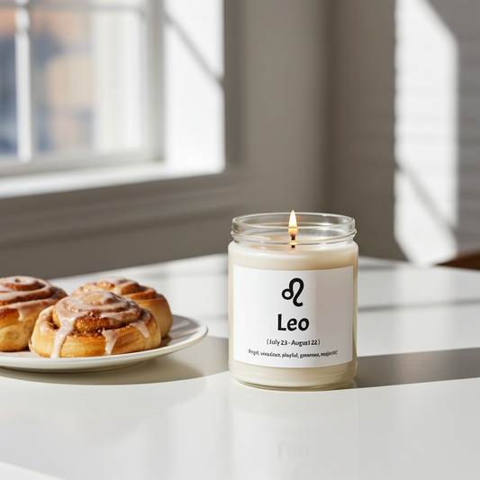 Candle labeled 'Leo' with cinnamon rolls on a table near a window