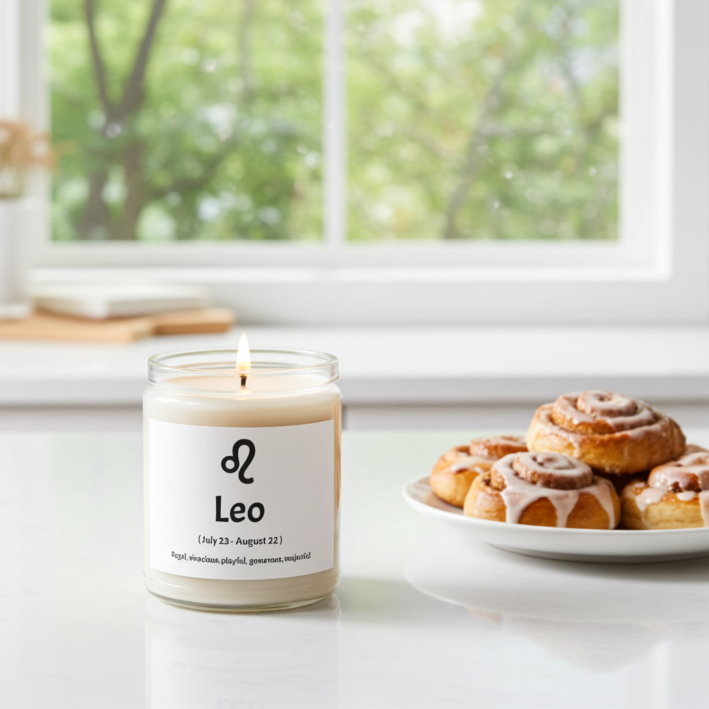 Candle labeled 'Leo' with cinnamon rolls on a windowsill
