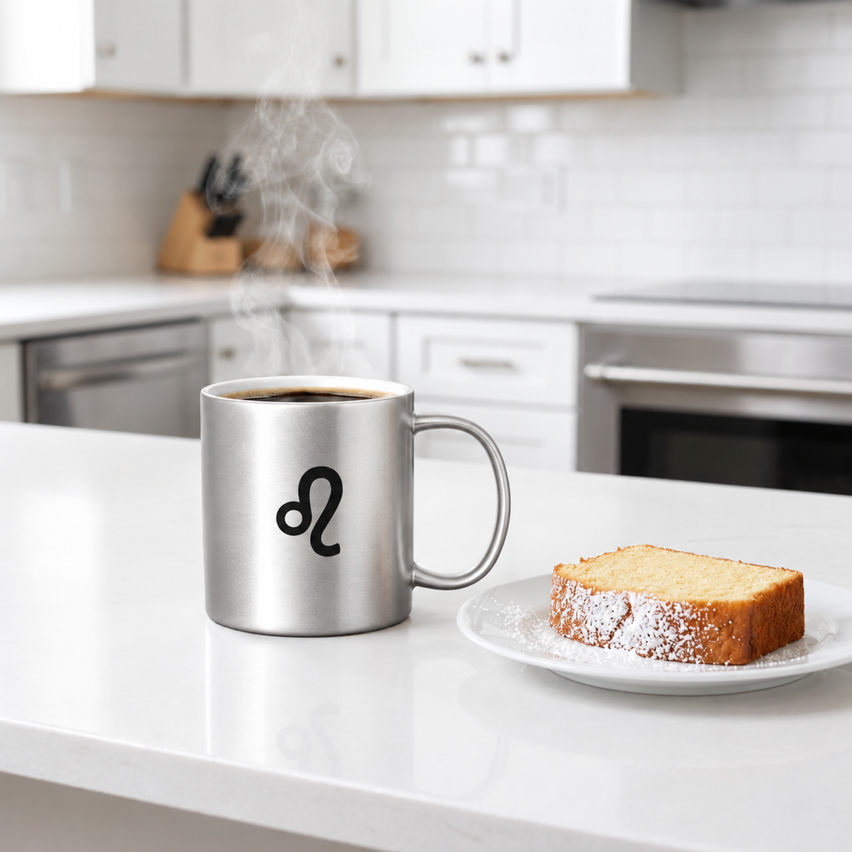 A stainless steel coffee mug with a black Leo zodiac symbol sits on a white kitchen counter next to a slice of cake on a plate. Steam rises from the mug, with a blurred modern kitchen in the background.