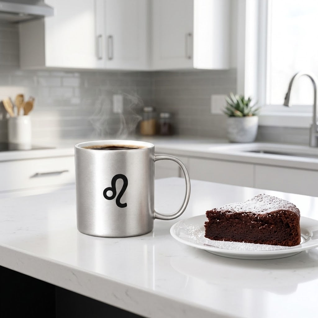A stainless steel coffee mug with a black Leo zodiac symbol sits on a white kitchen counter next to a slice of chocolate cake on a plate.