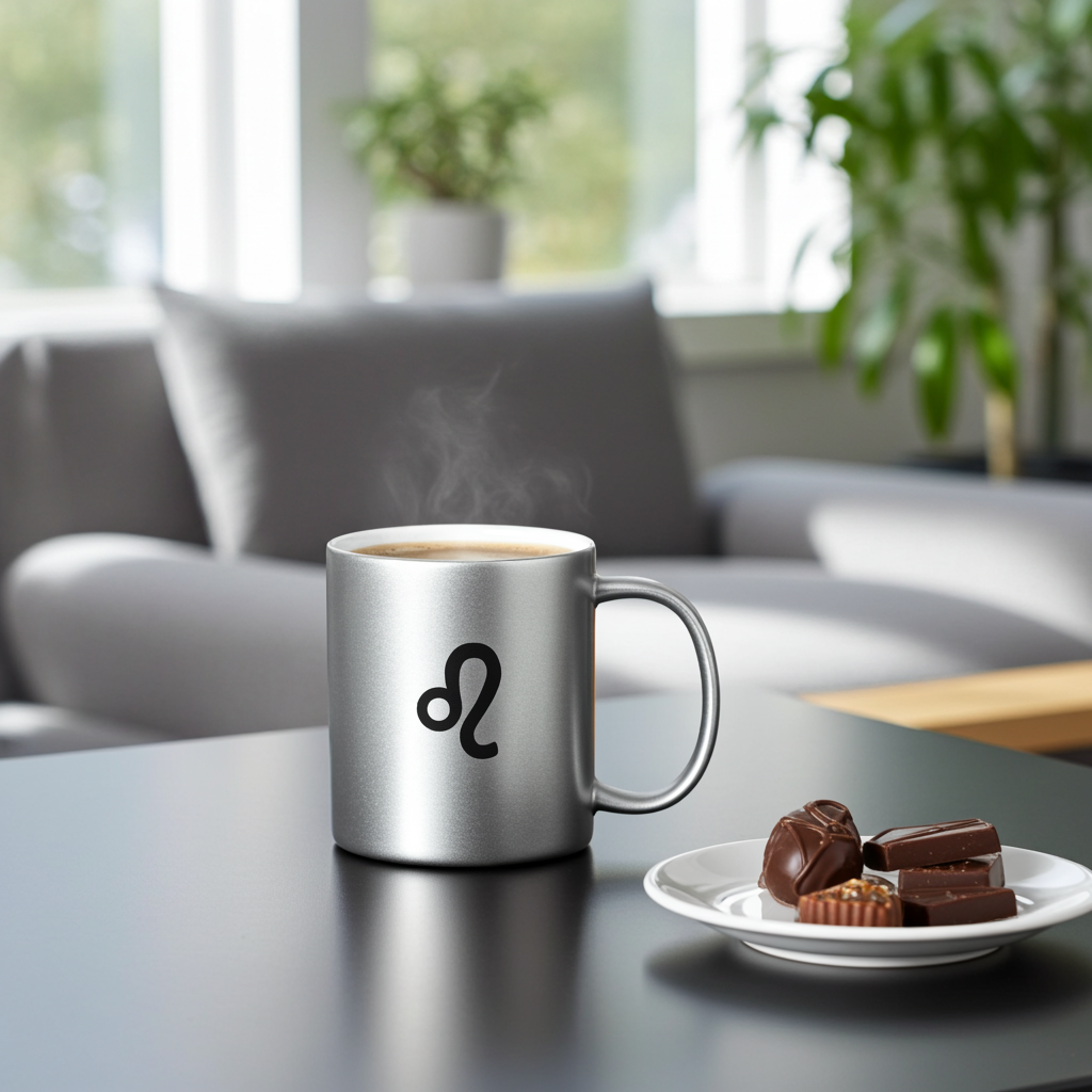 Silver mug with a leo symbol on a table with a plate of chocolates, in a cozy living room setting.