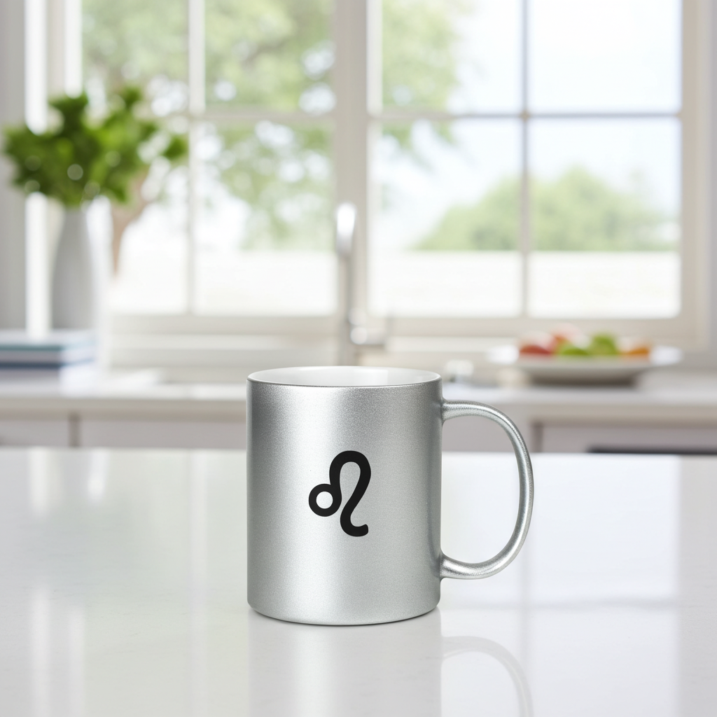 Silver mug with a black Leo symbol on a white surface in a bright room.