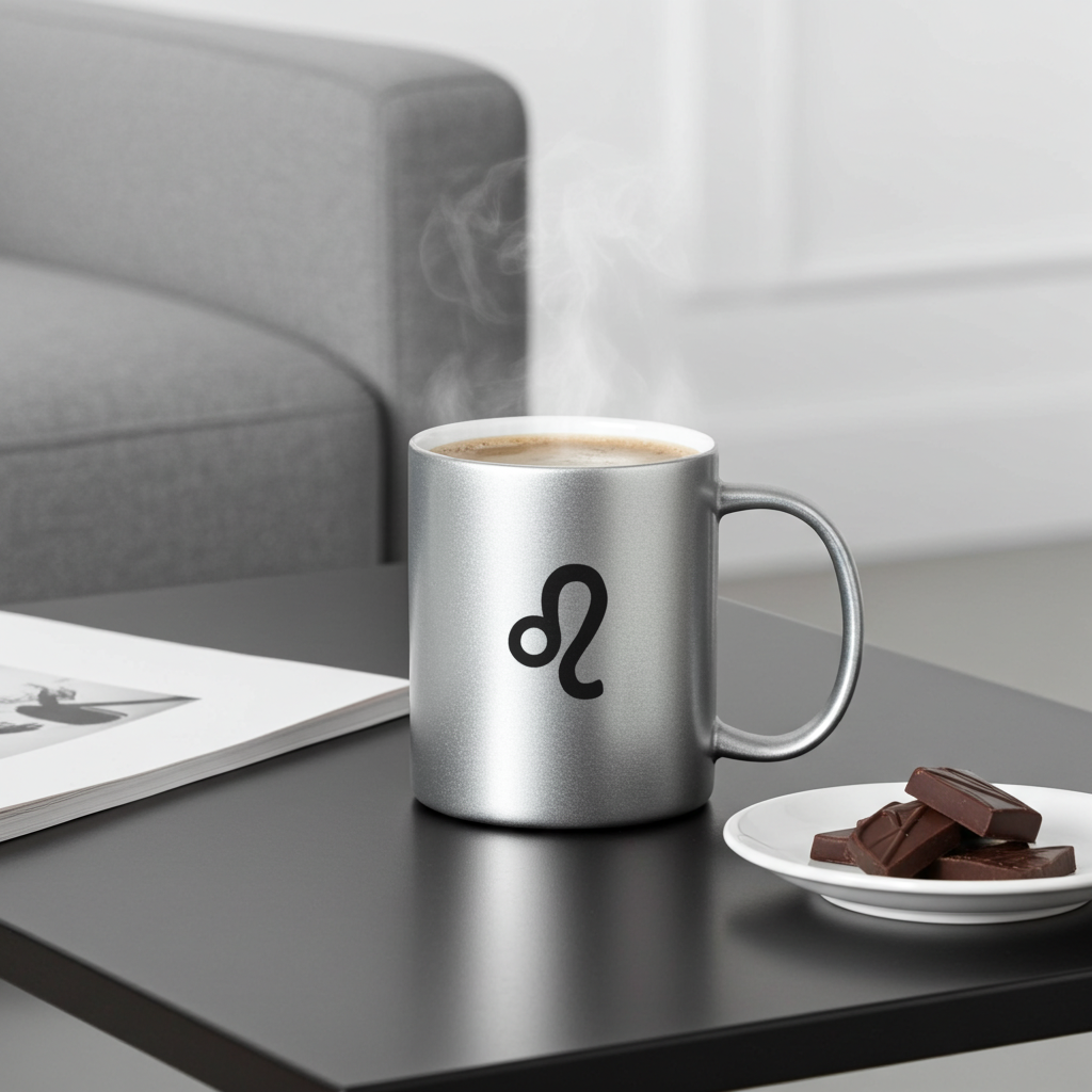 Silver mug with a Leo symbol on a table with a plate of chocolate and a magazine.