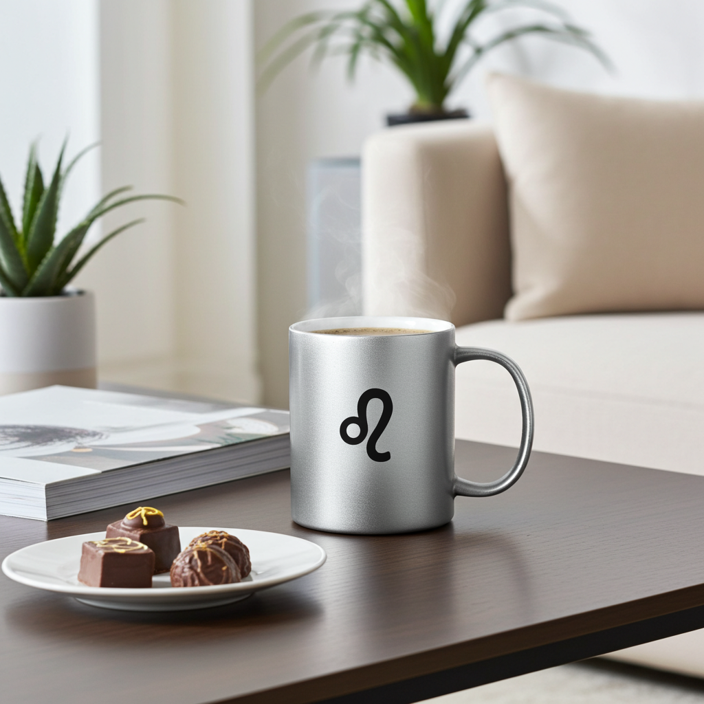 Silver mug with a leo symbol on a table with chocolates and a magazine in a cozy living room.