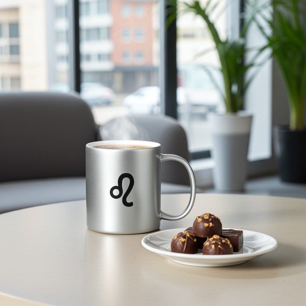 Silver mug with a leo logo on a table with chocolates, in an office setting.
