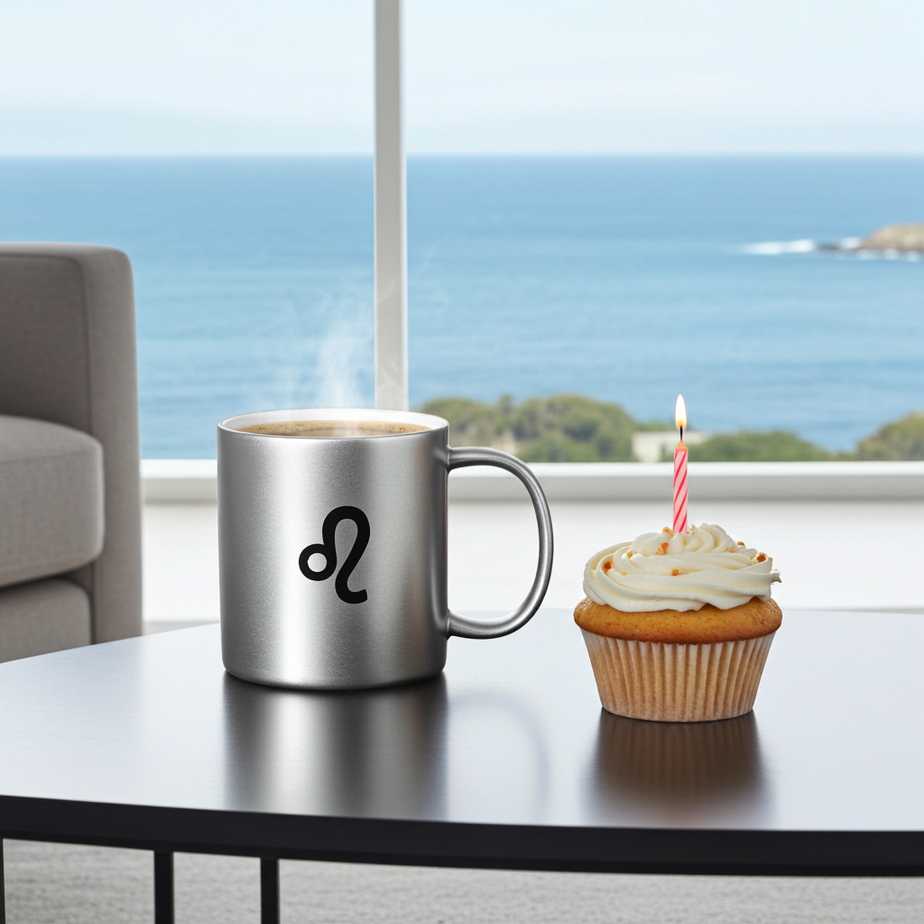 A silver mug with a black Leo zodiac symbol sits on a dark table next to a frosted cupcake with a single candle, with a large window showing the ocean in the background.