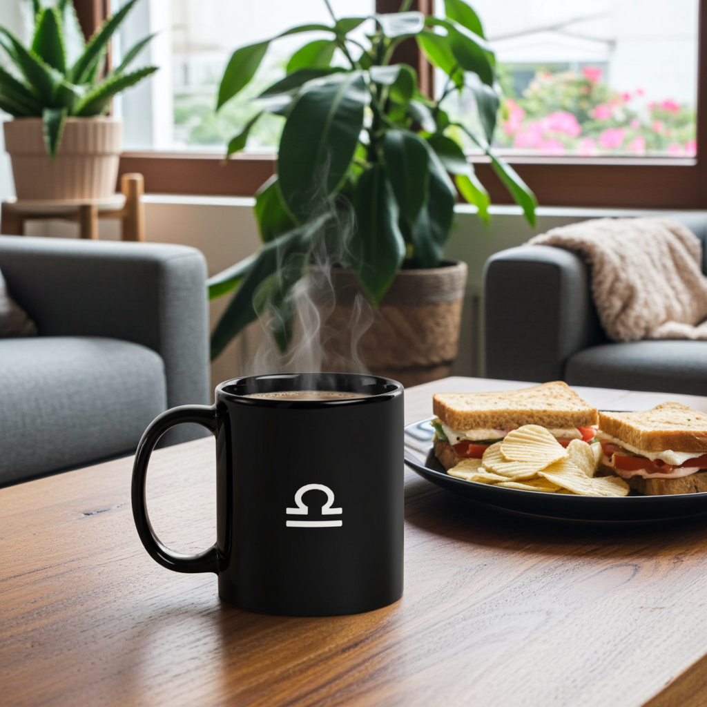 Black mug with a libra logo on a table in a cozy living room with a sandwich and chips.