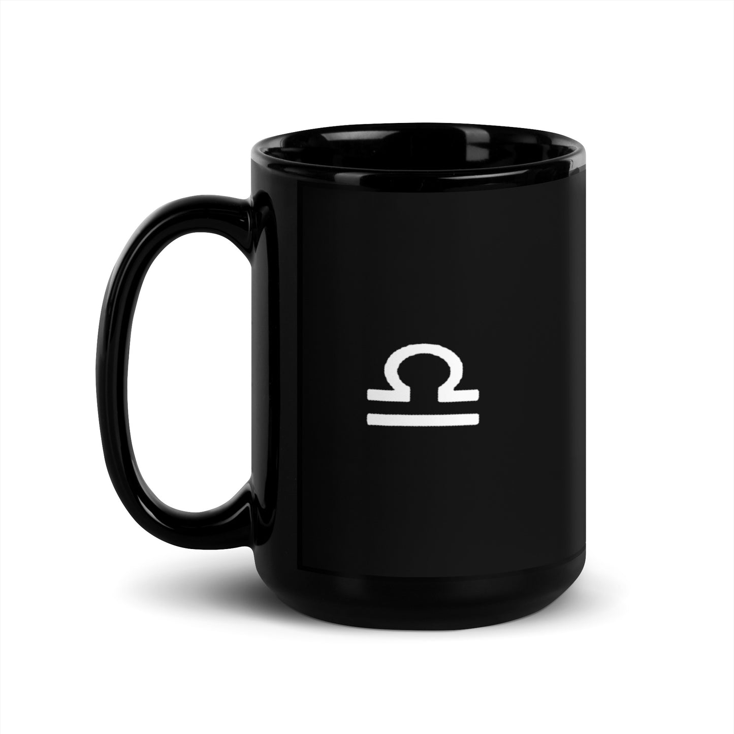 Black mug with Libra symbol printed on it against a white background