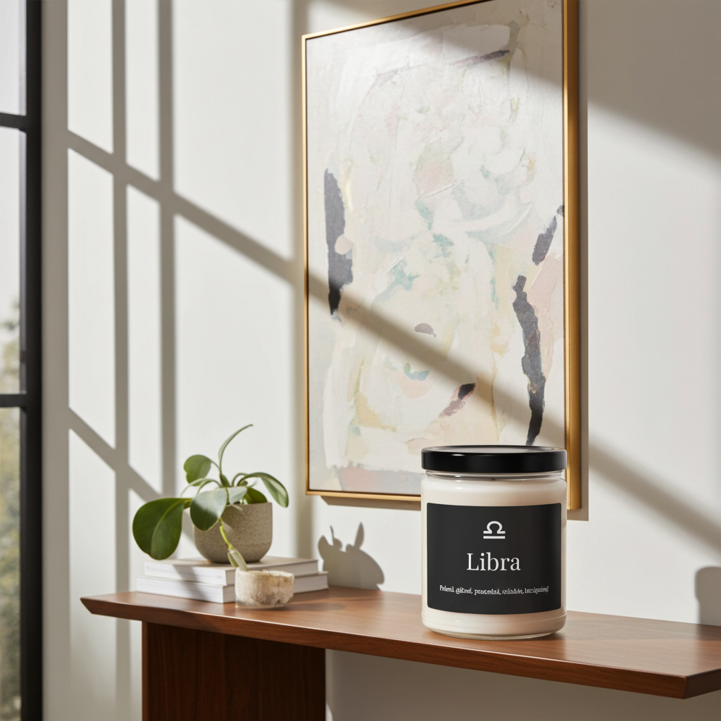 Candle labeled 'Libra' on a wooden surface with a decorative frame and plant in the background