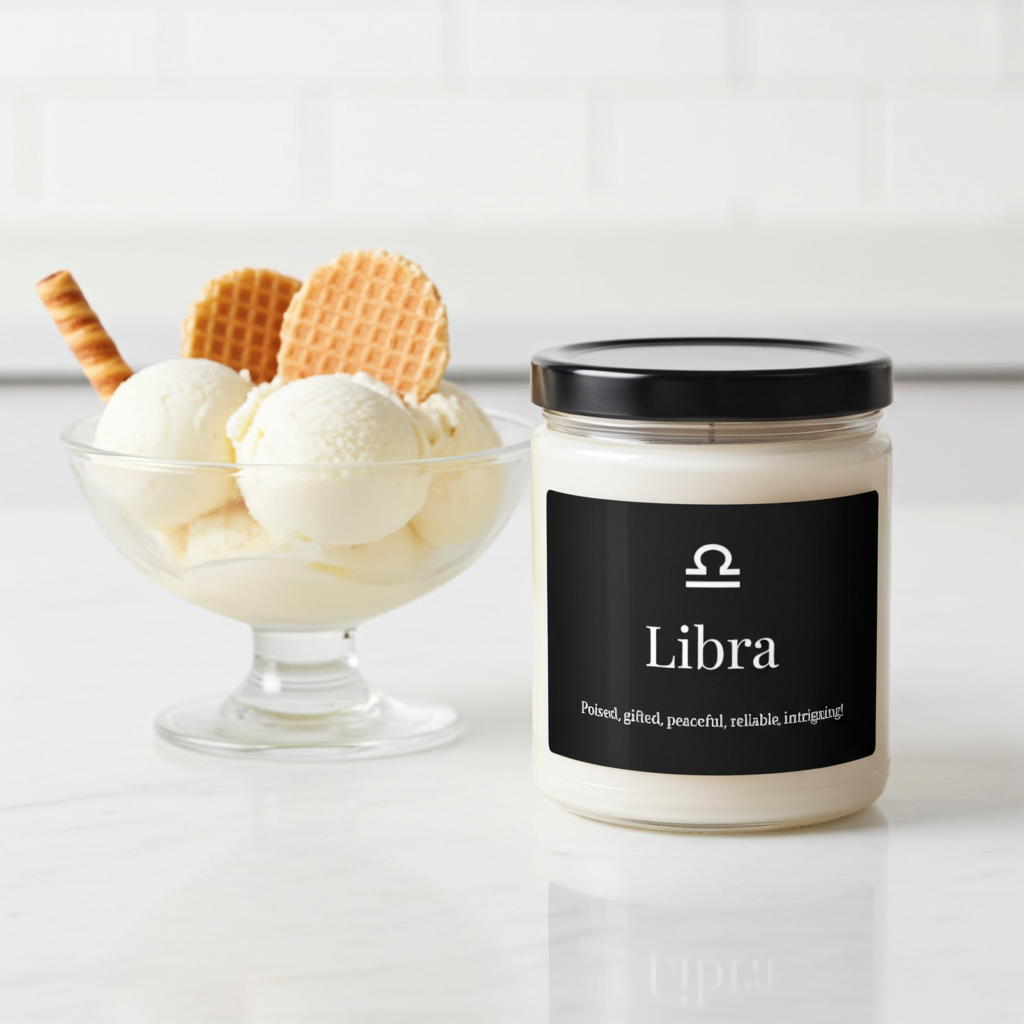Candle labeled 'Libra' next to a bowl of ice cream with wafers on a white background