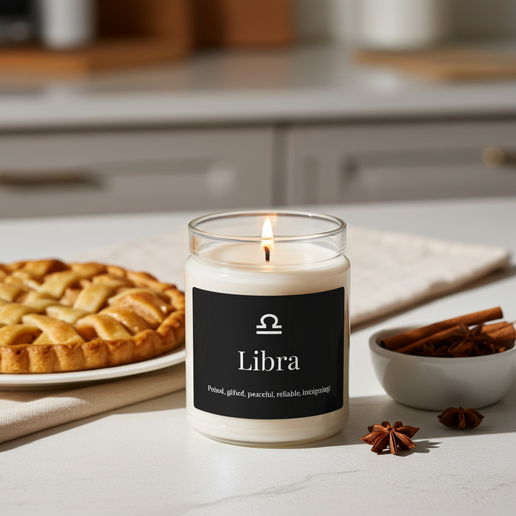Candle labeled 'Libra' on a kitchen counter with a pie and cinnamon sticks.