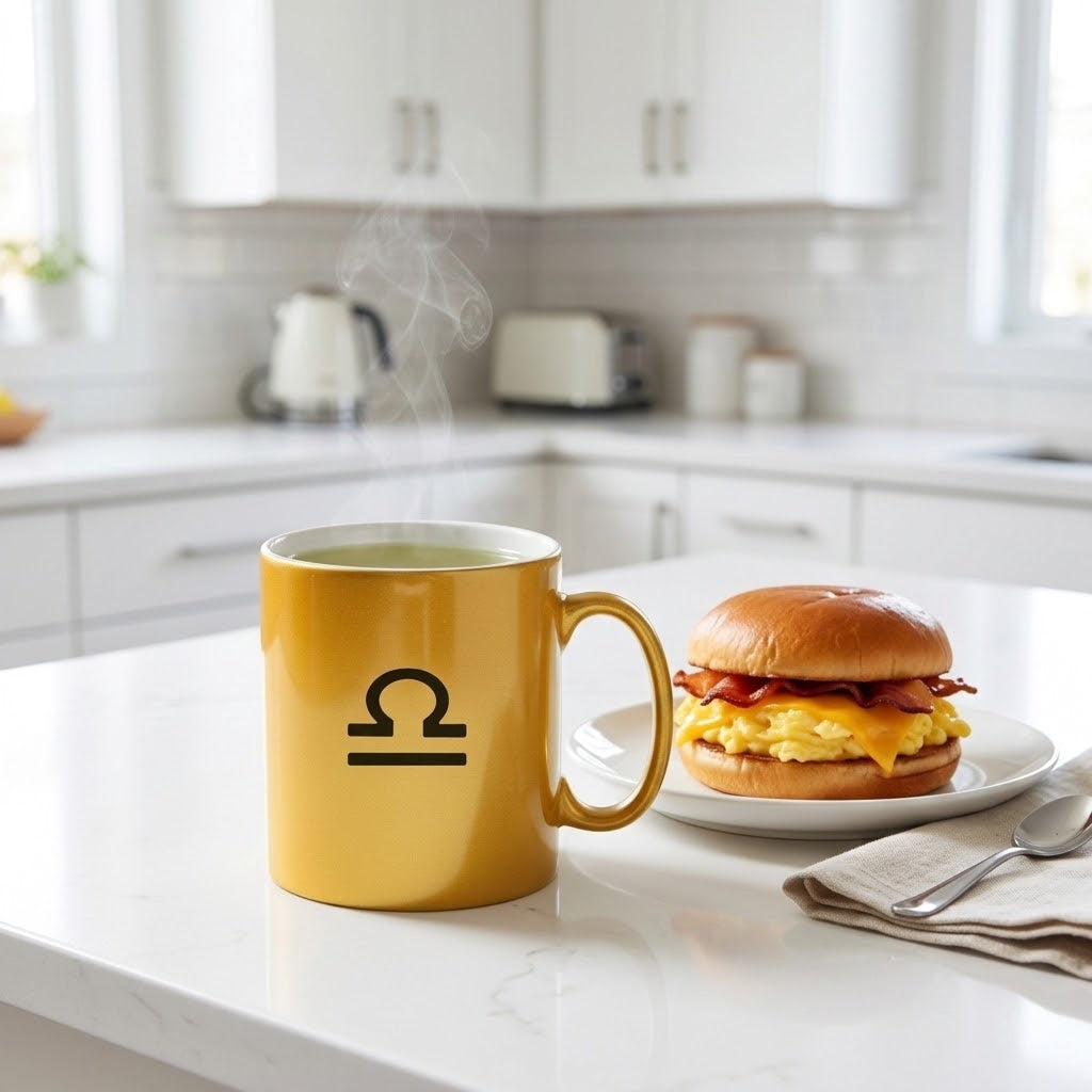 A gold ceramic mug with a black Libra zodiac symbol sits on a white kitchen countertop next to a breakfast sandwich on a plate. Steam rises from the mug, and a blurred modern kitchen is visible in the background.