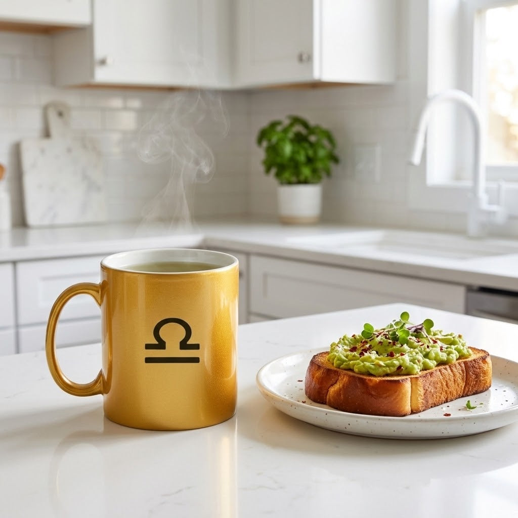 A gold ceramic mug with a black Libra zodiac symbol sits on a white kitchen counter next to a plate of avocado toast, with steam rising from the mug and a blurred modern kitchen in the background.