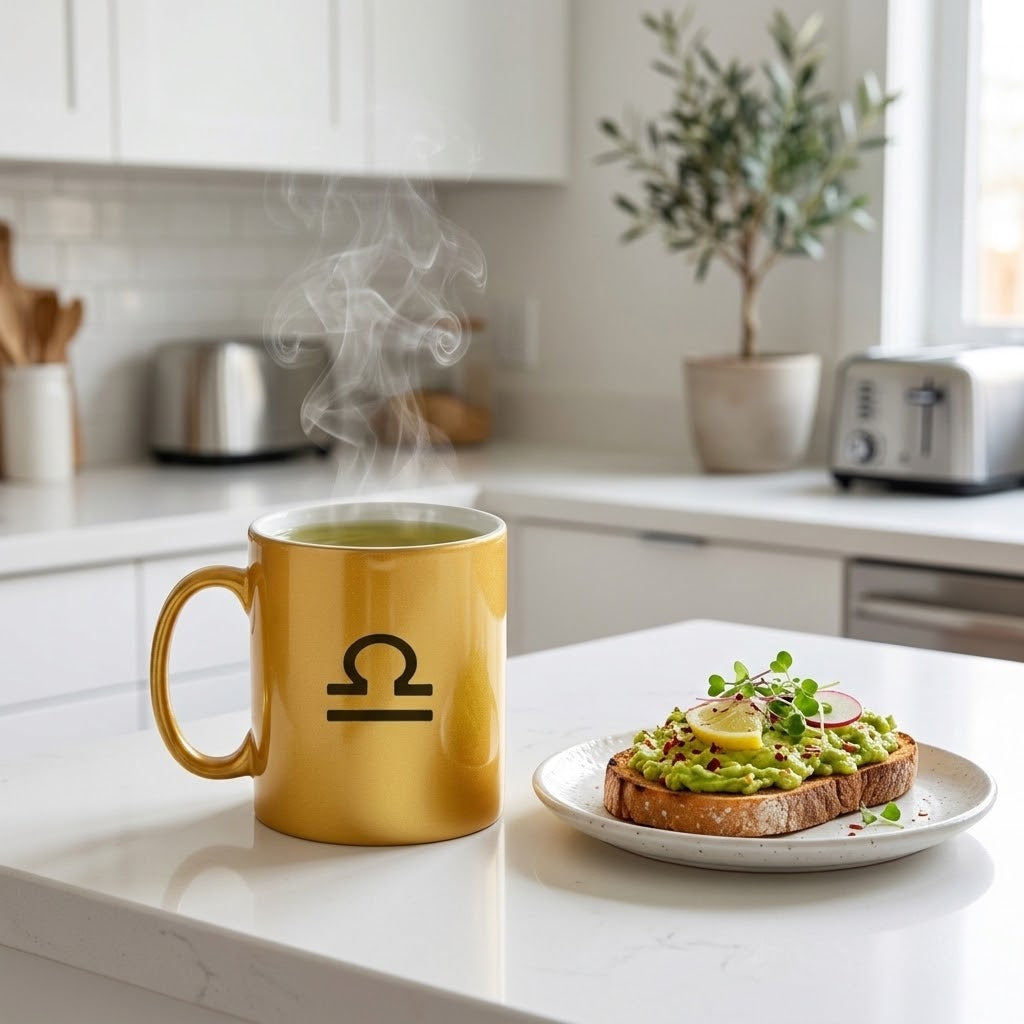 A gold ceramic mug with a black Libra zodiac symbol on the front, filled with a steaming green drink on a white kitchen countertop, next to an avocado toast on a plate.