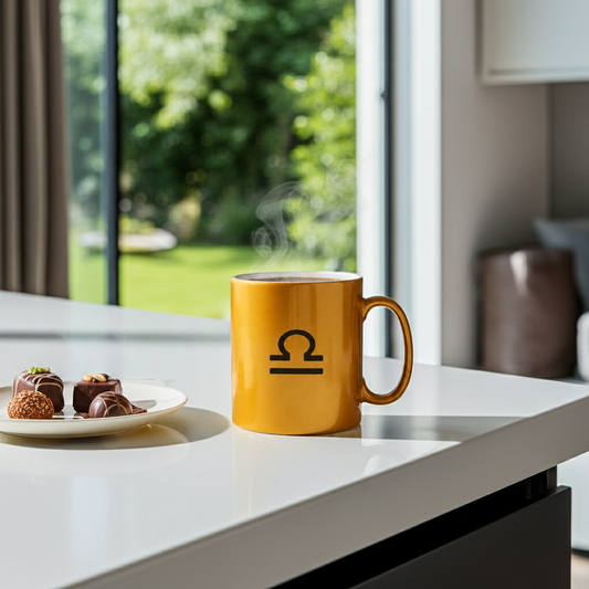 A yellow ceramic mug with a black Libra zodiac symbol printed on the front, sitting on a white countertop with a plate of chocolates nearby and a blurred window view of green grass in the background.