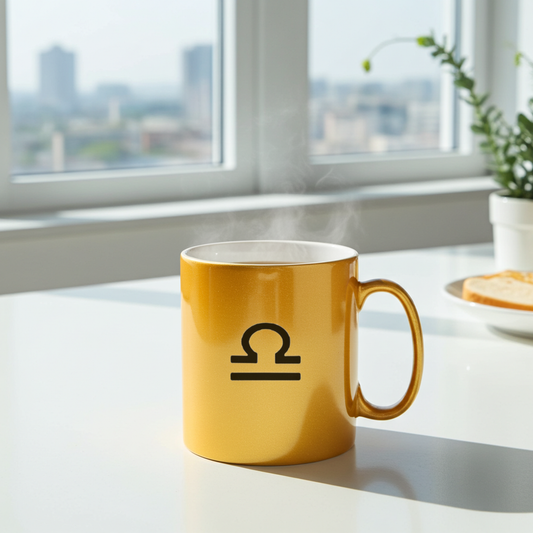 Gold mug with a libra symbol on a table by a window with a cityscape view.