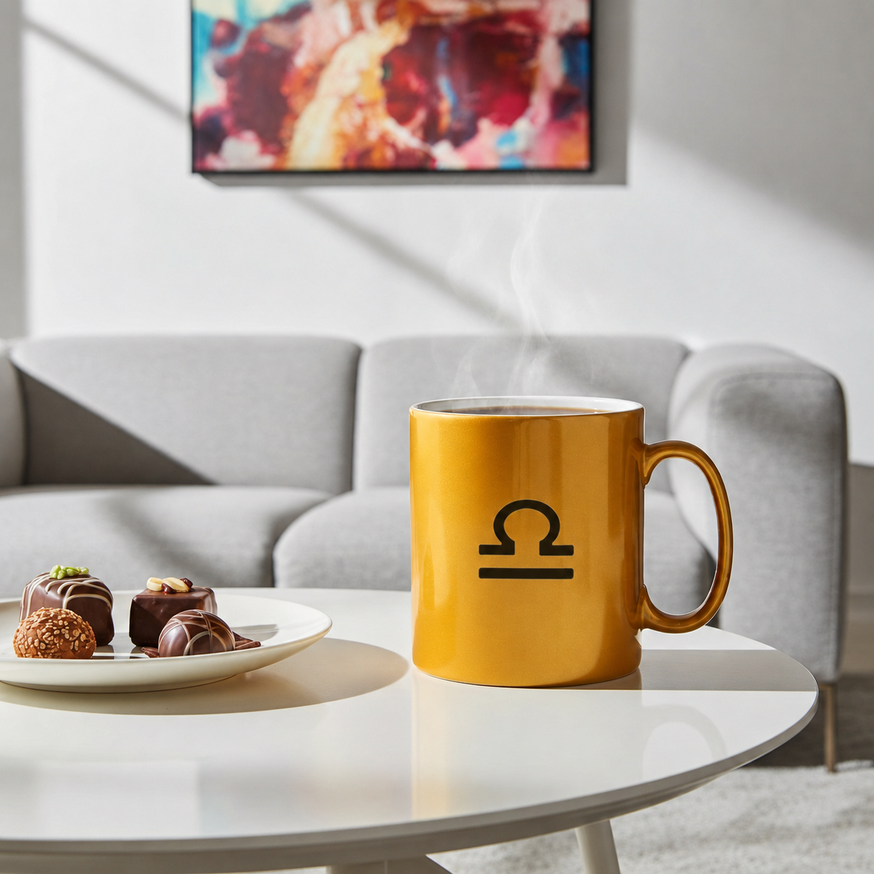 Gold mug with a libra symbol on a table in a living room setting