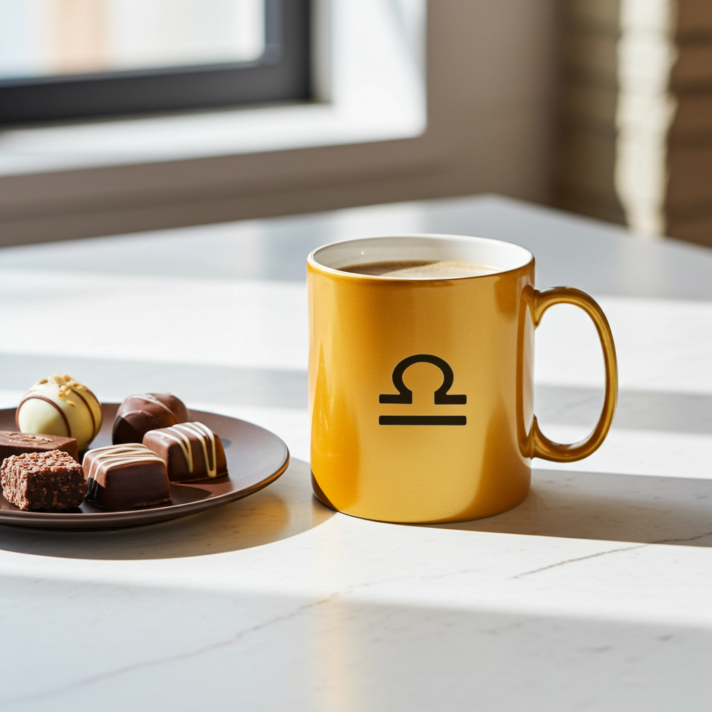 Gold mug with a libra symbol on a table next to chocolates