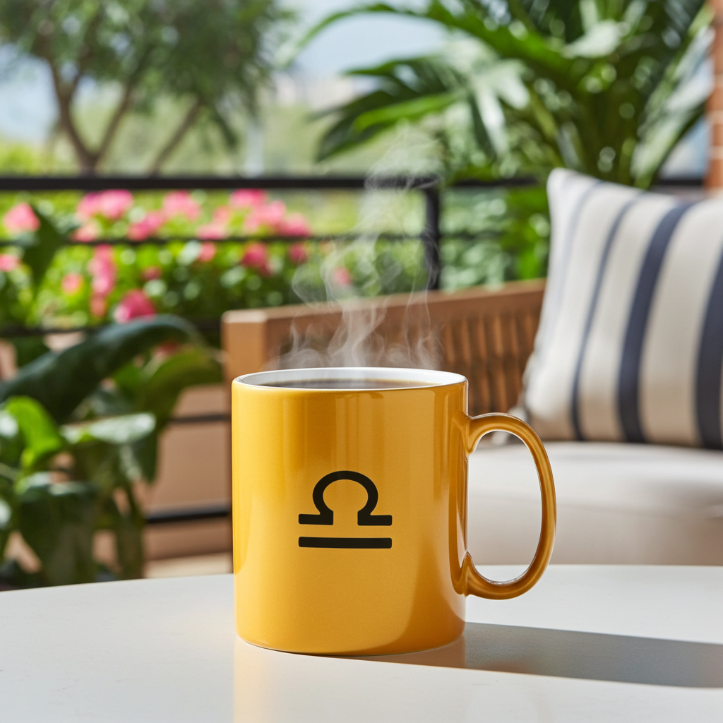 A yellow ceramic mug with a black Libra zodiac symbol printed on the side, sitting on a white table outdoors with steam rising from the mug. A wooden chair with a blue and white striped cushion is blurred in the background.