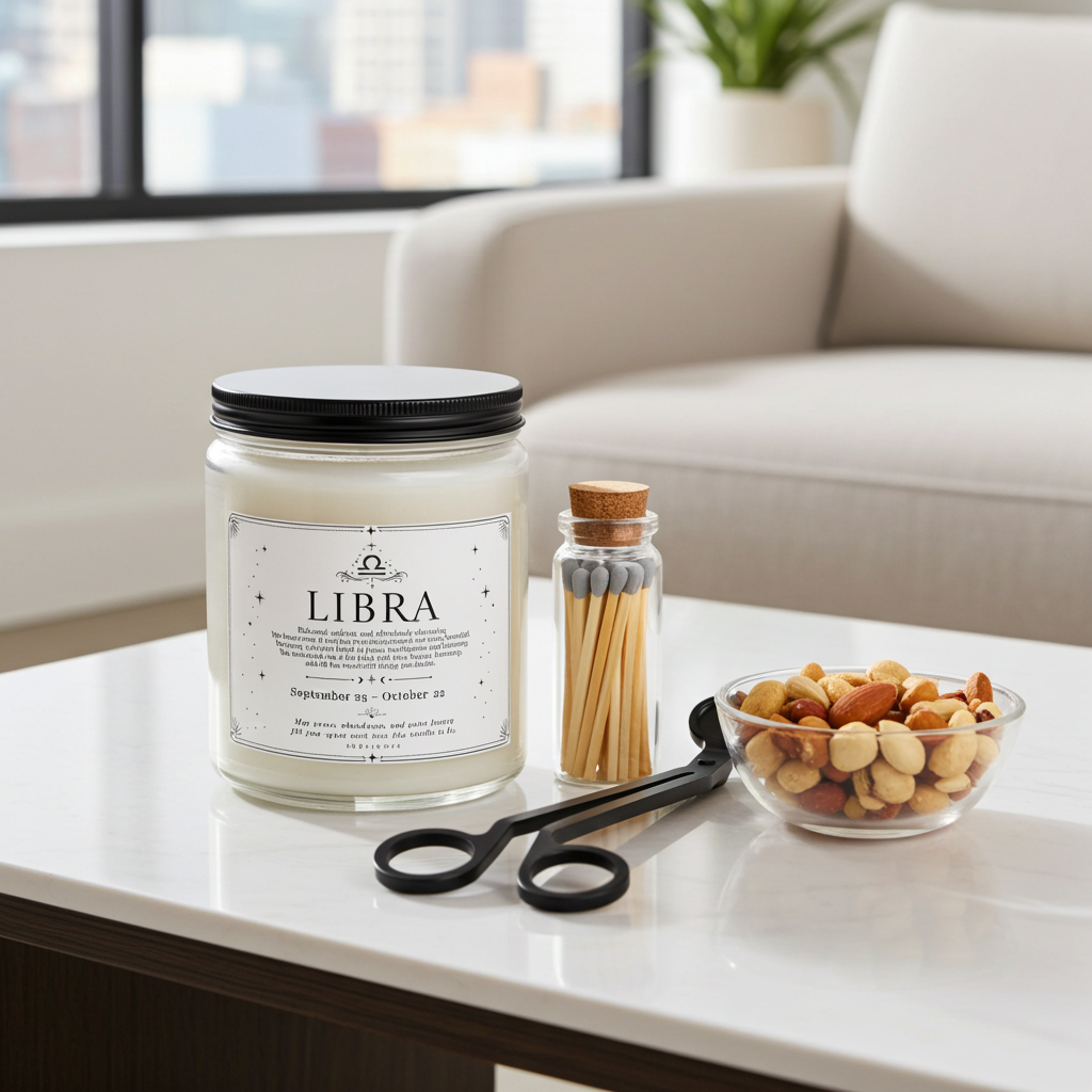 Candle jar labeled 'Libra' on a table with matches, scissors, and a bowl of nuts.