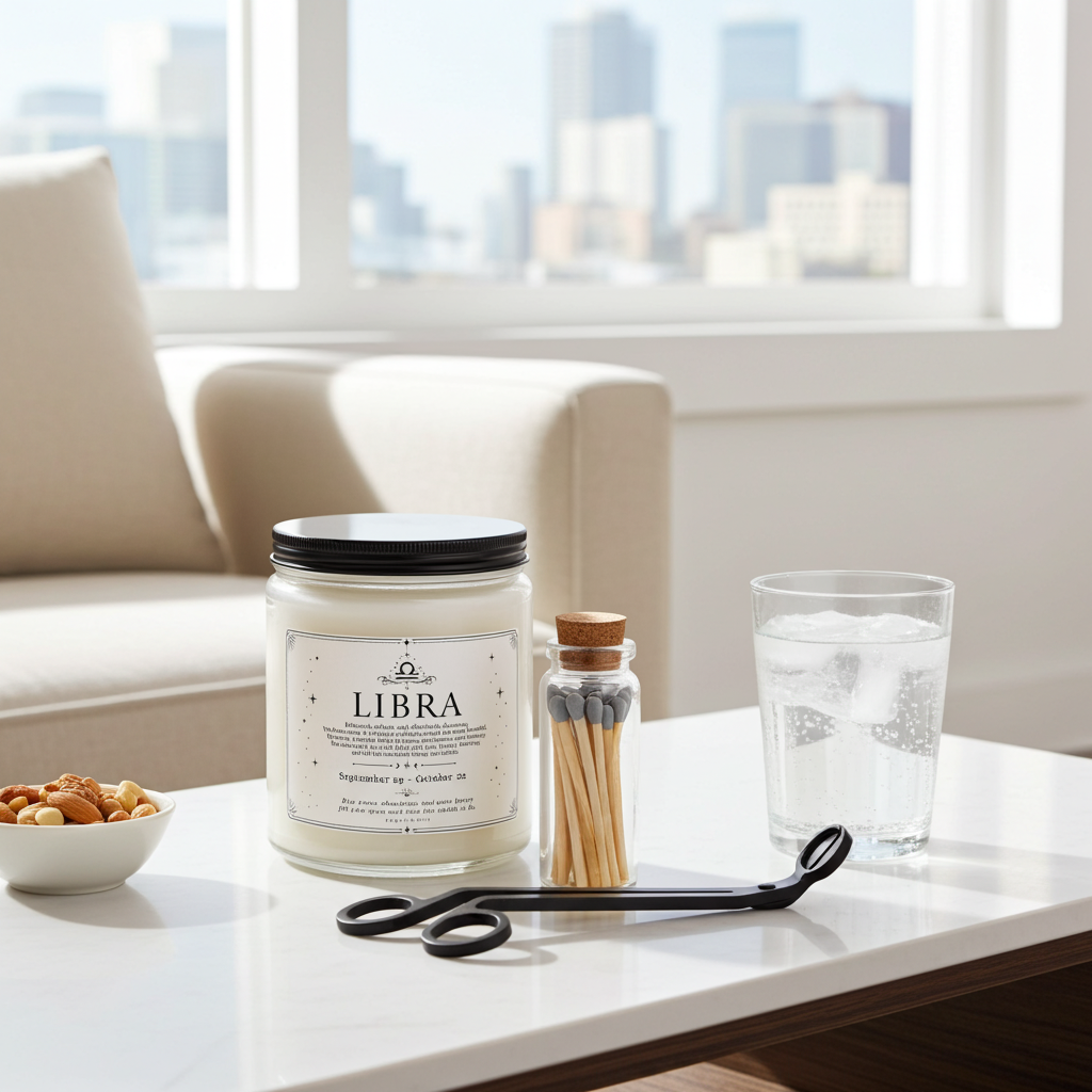 Candle labeled 'Libra' on a table with a cityscape view through a window.