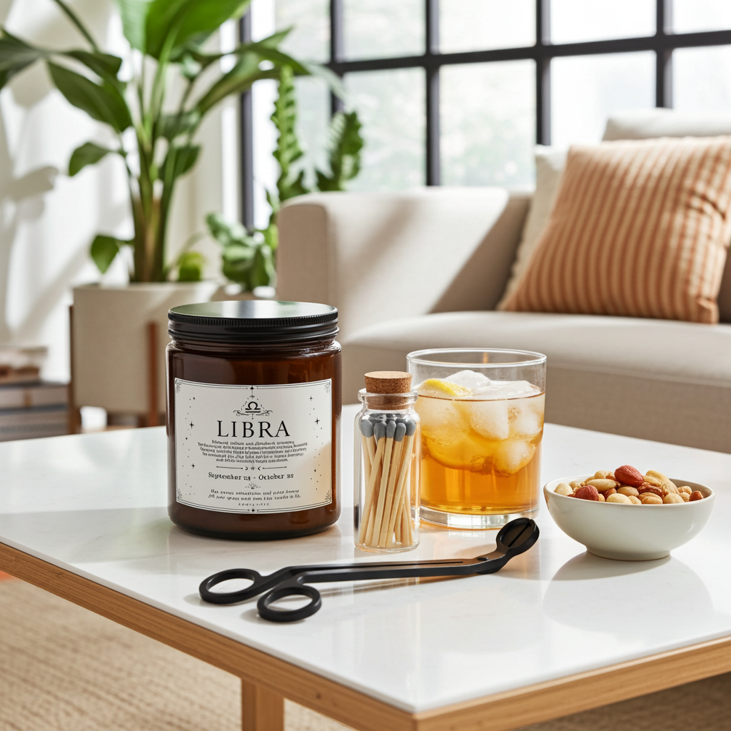 Candle labeled 'Libra' on a coffee table with a glass of iced tea, matches, and a bowl of nuts in a cozy living room.