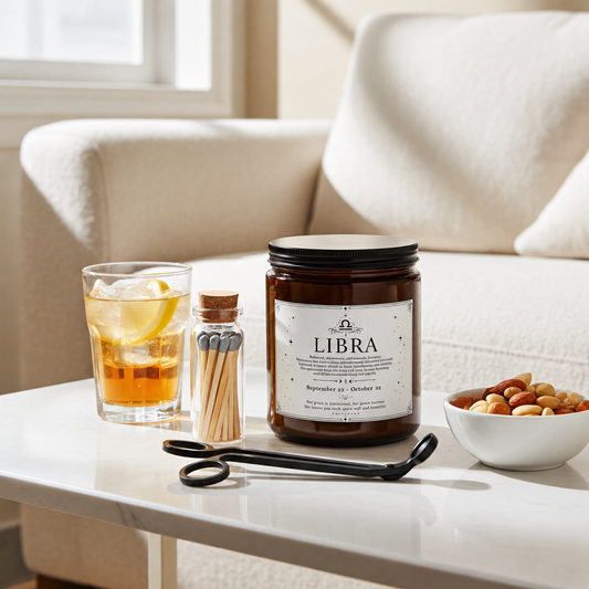 Candle labeled 'Libra' on a table with a glass of iced tea, matches, and a bowl of nuts.