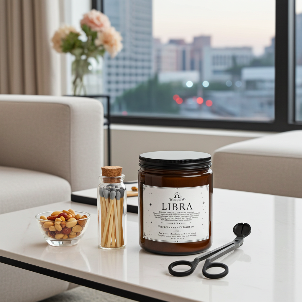 Candle jar labeled 'Libra' on a table with matches and scissors, cityscape in the background