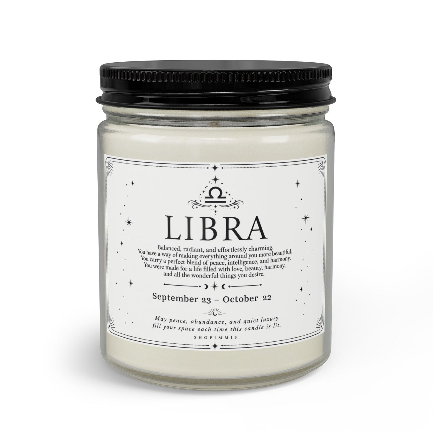 Candle jar with a label indicating 'Libra' and astrological details on a white background