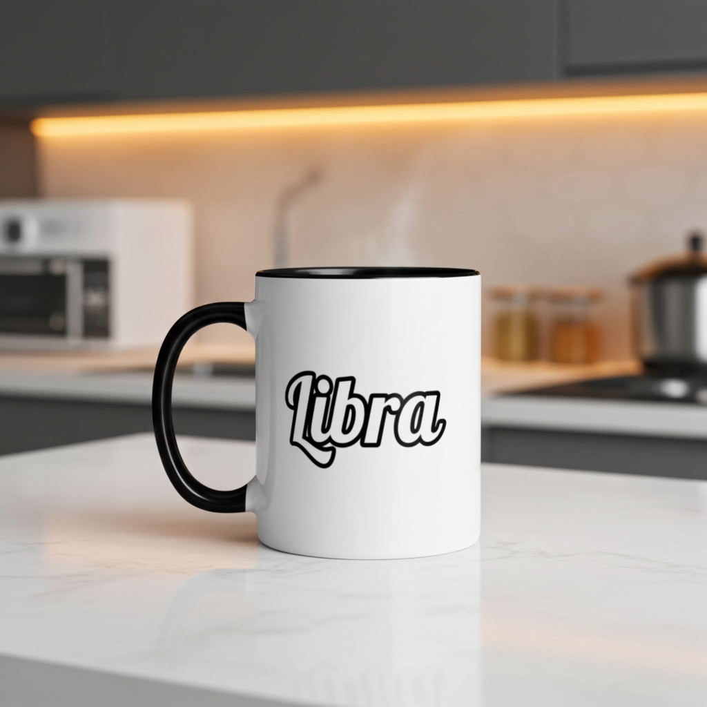 White mug with black handle and 'Libra' text on a kitchen counter
