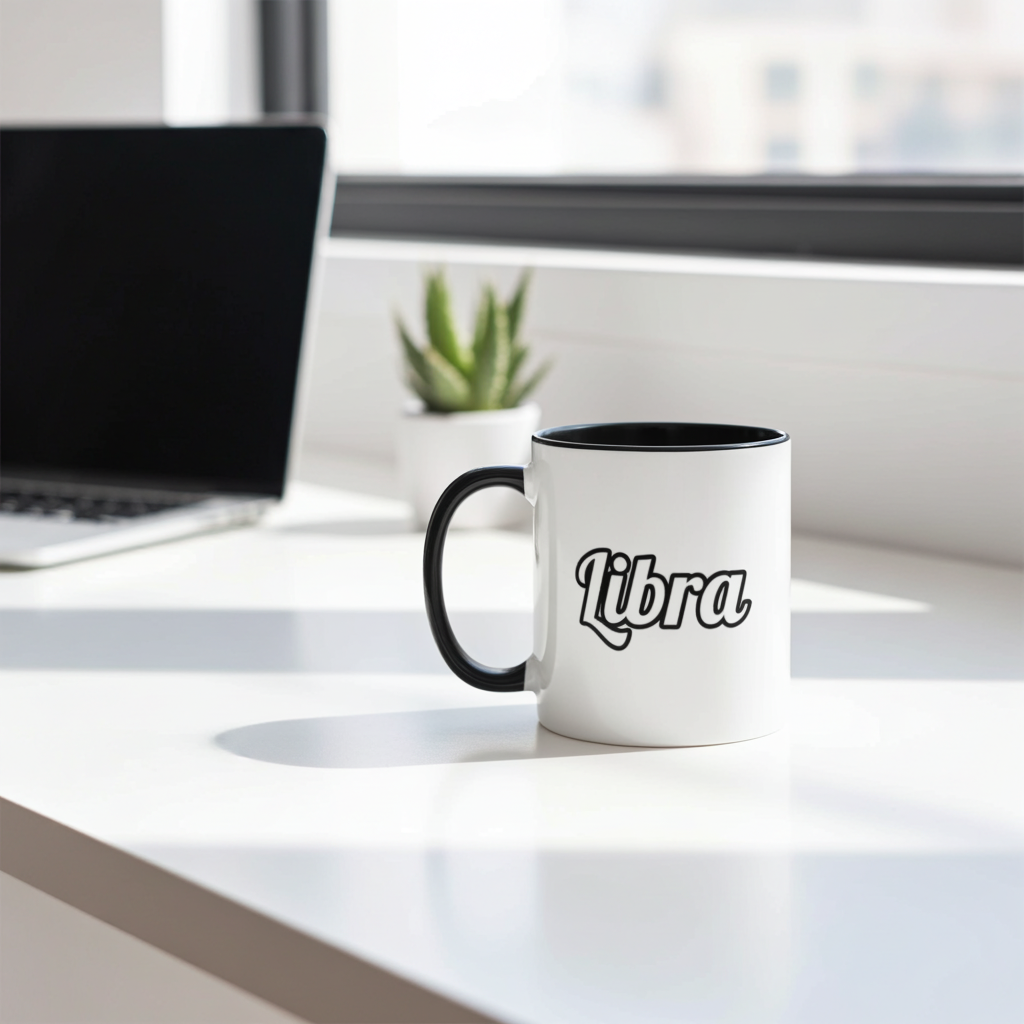 White mug with 'Libra' on a desk next to a laptop
