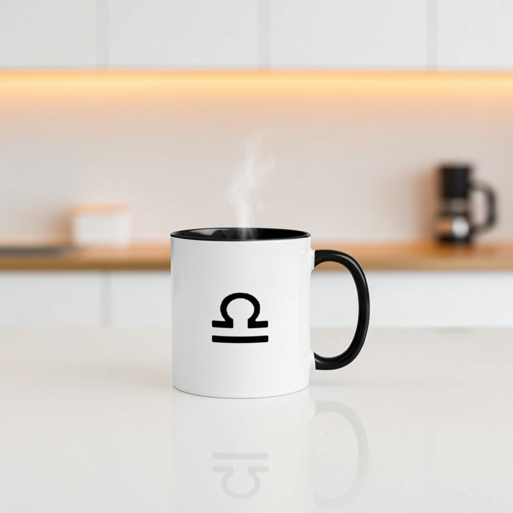 White mug with black handle featuring a Libra symbol on a kitchen counter
