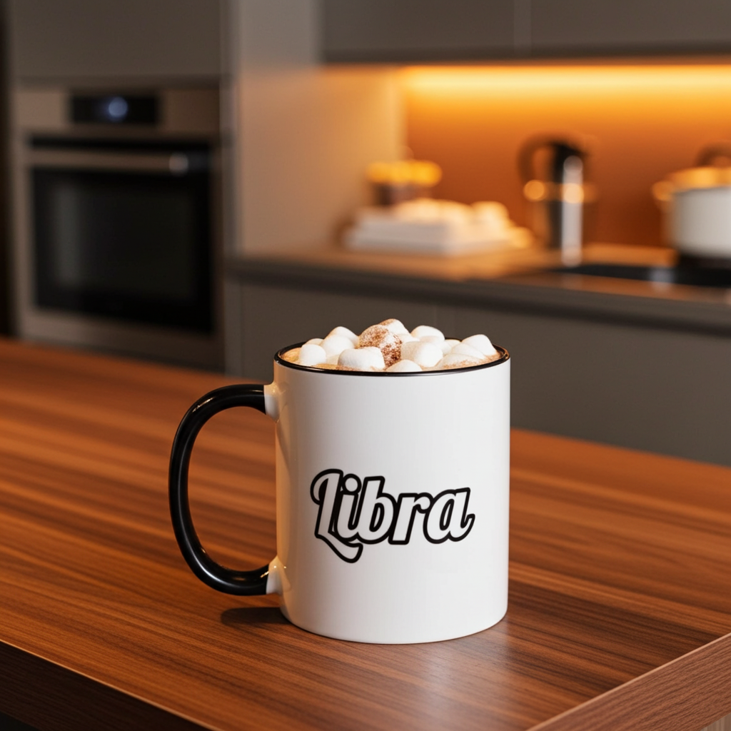 White mug with black handle and 'Libra' branding on a wooden surface in a kitchen.