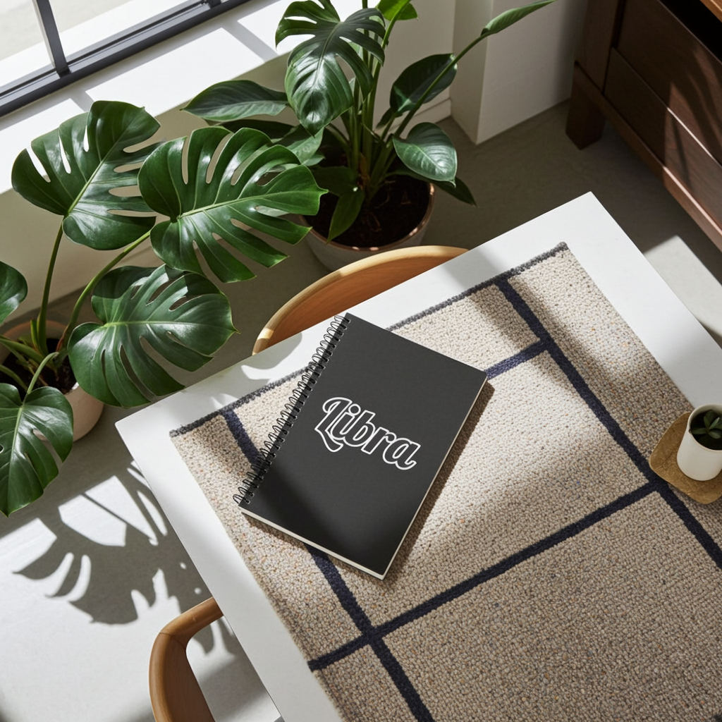 Notebook with 'Libra' branding on a table with plants in the background