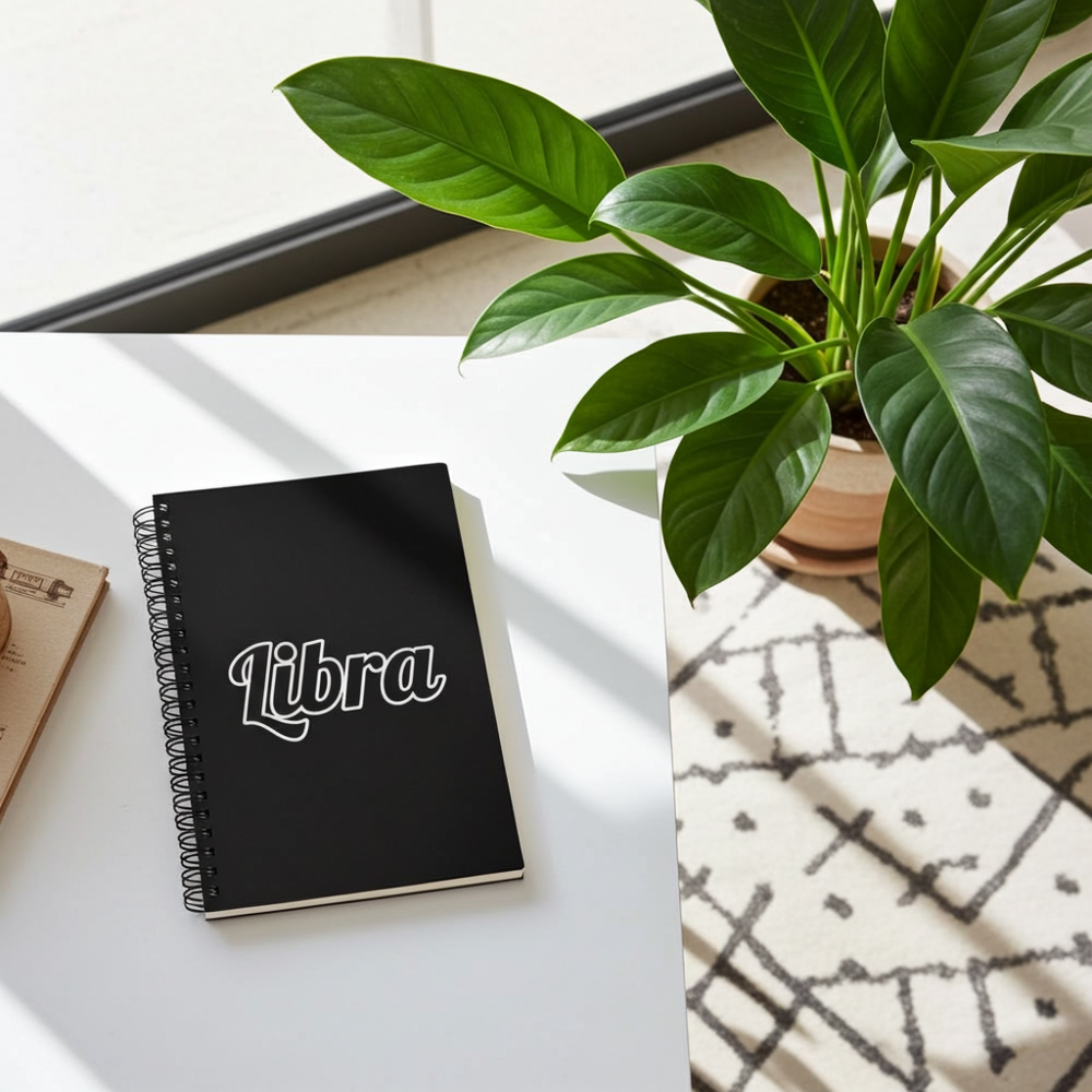Black notebook with 'Libra' on a white surface next to a potted plant.