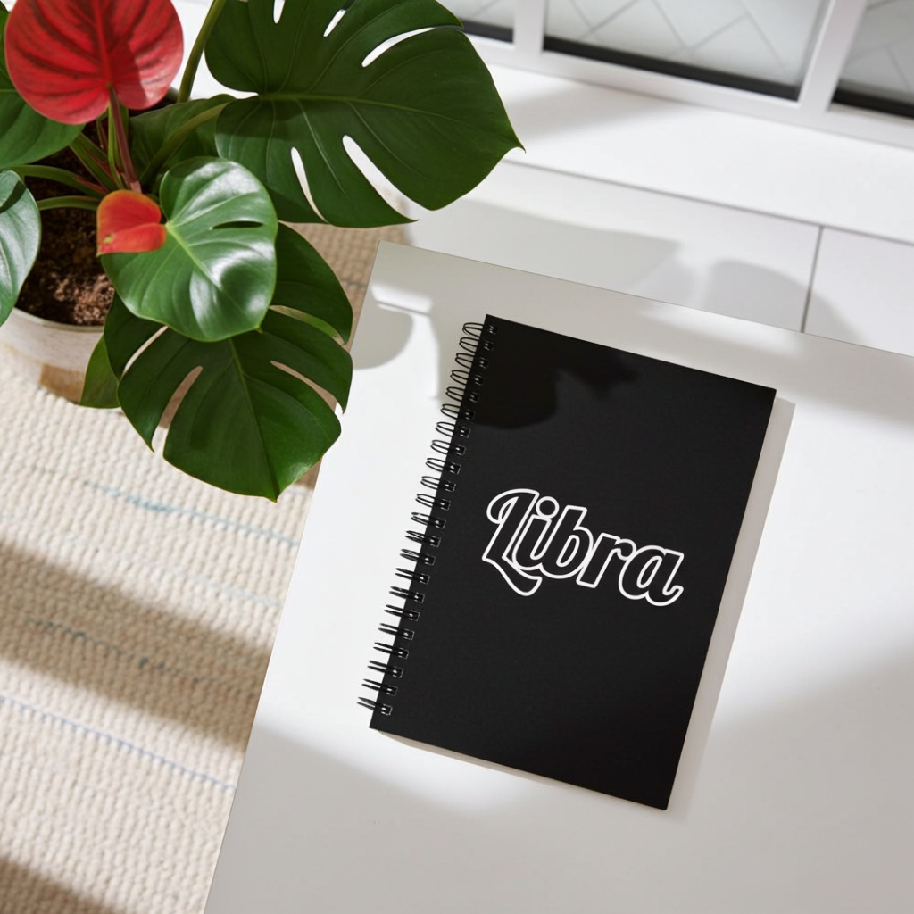 Black notebook with 'Libra' on a white surface next to a potted plant