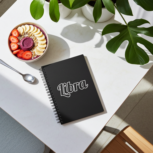 Black notebook with 'Libra' on a white surface next to a colorful fruit bowl and plants.