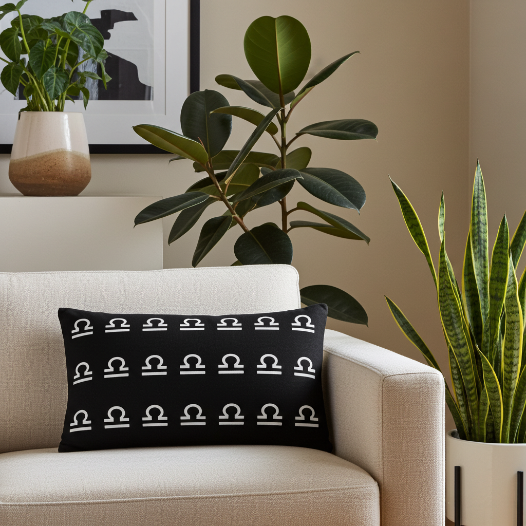 Black pillow with white Libra symbols on a beige couch, surrounded by plants.