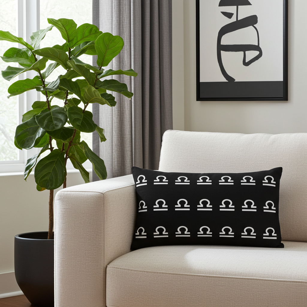 Black pillow with white libra symbols on a beige couch next to a potted plant and abstract art.