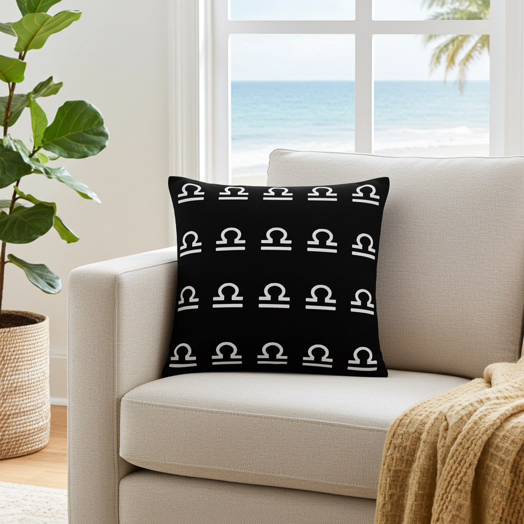 Black pillow with white libra symbols on a beige couch in a room with a window view of water.