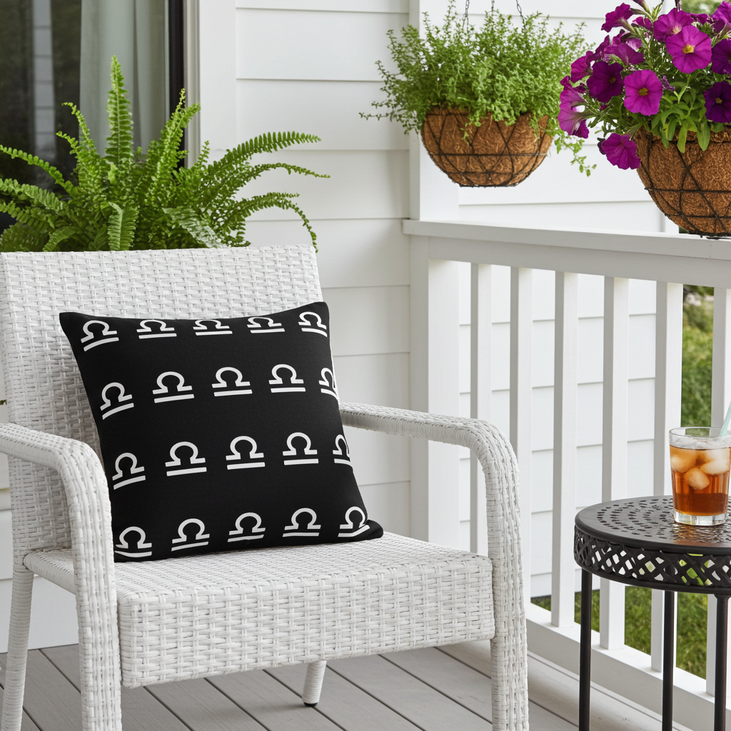 Black pillow with white patterns on a white wicker chair on a porch with plants and a drink.
