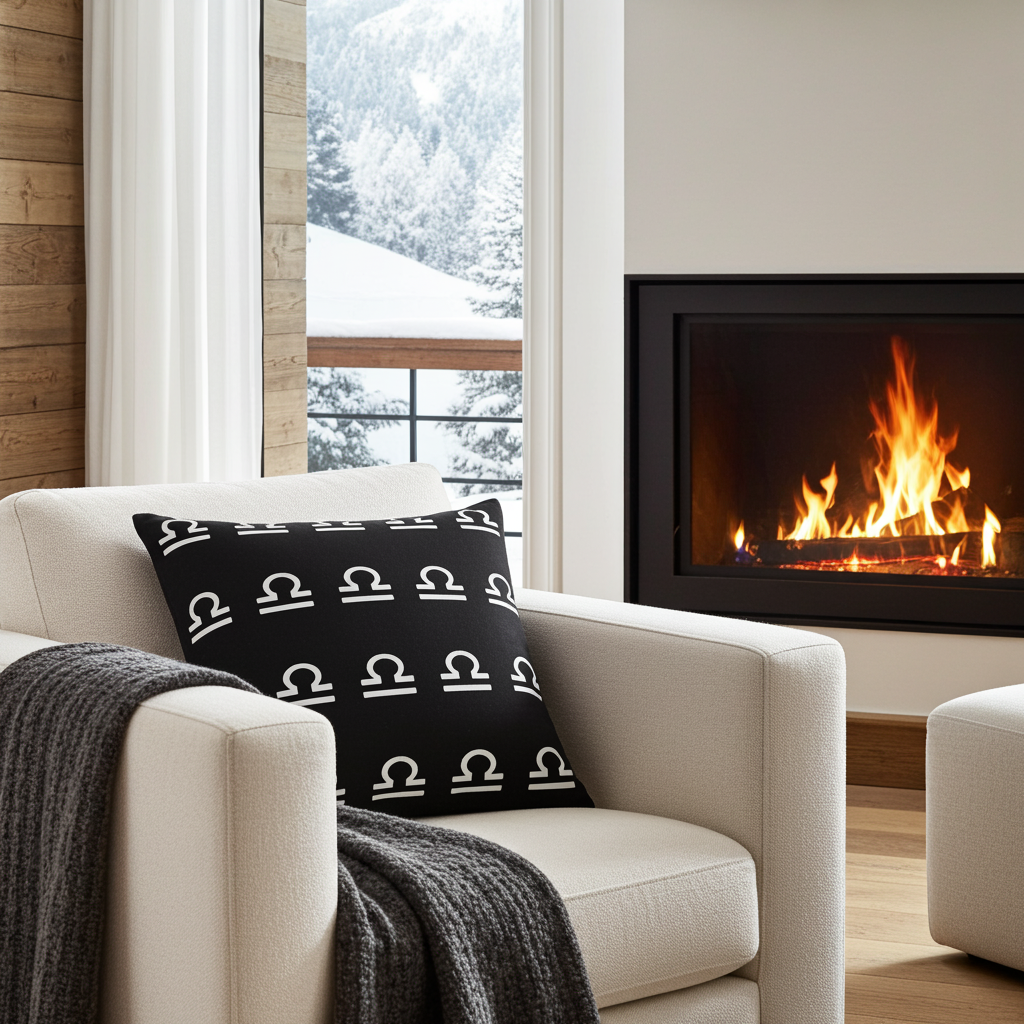 Cozy living room with a fireplace, beige sofa, and black Libra pillow.