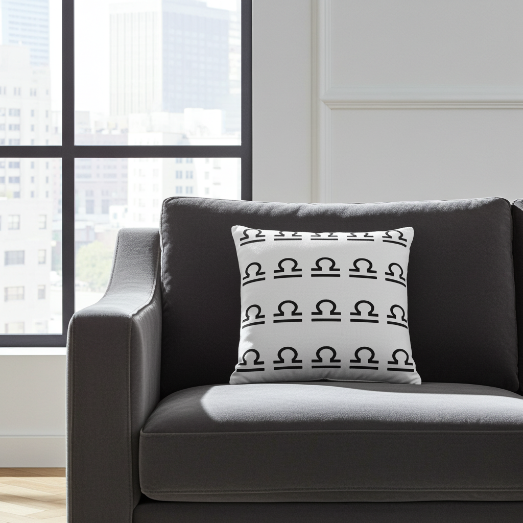 Gray sofa with a decorative pillow featuring a black Libra pattern in a modern room.