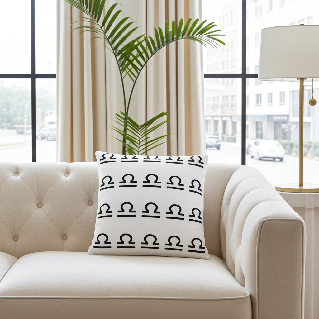 Decorative pillow with black Libra symbols on a beige sofa in a living room setting.