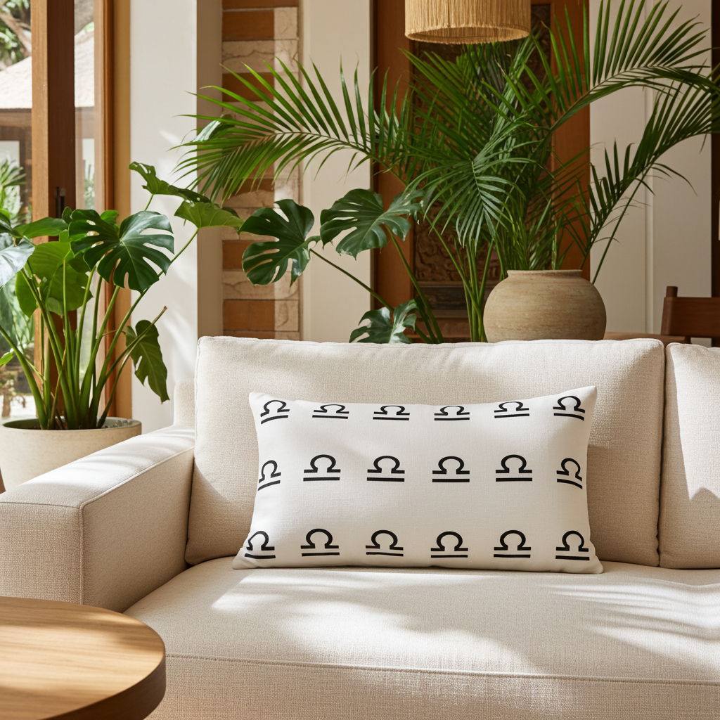 Beige sofa with a white pillow featuring black libra patterns, surrounded by potted plants in a bright room.