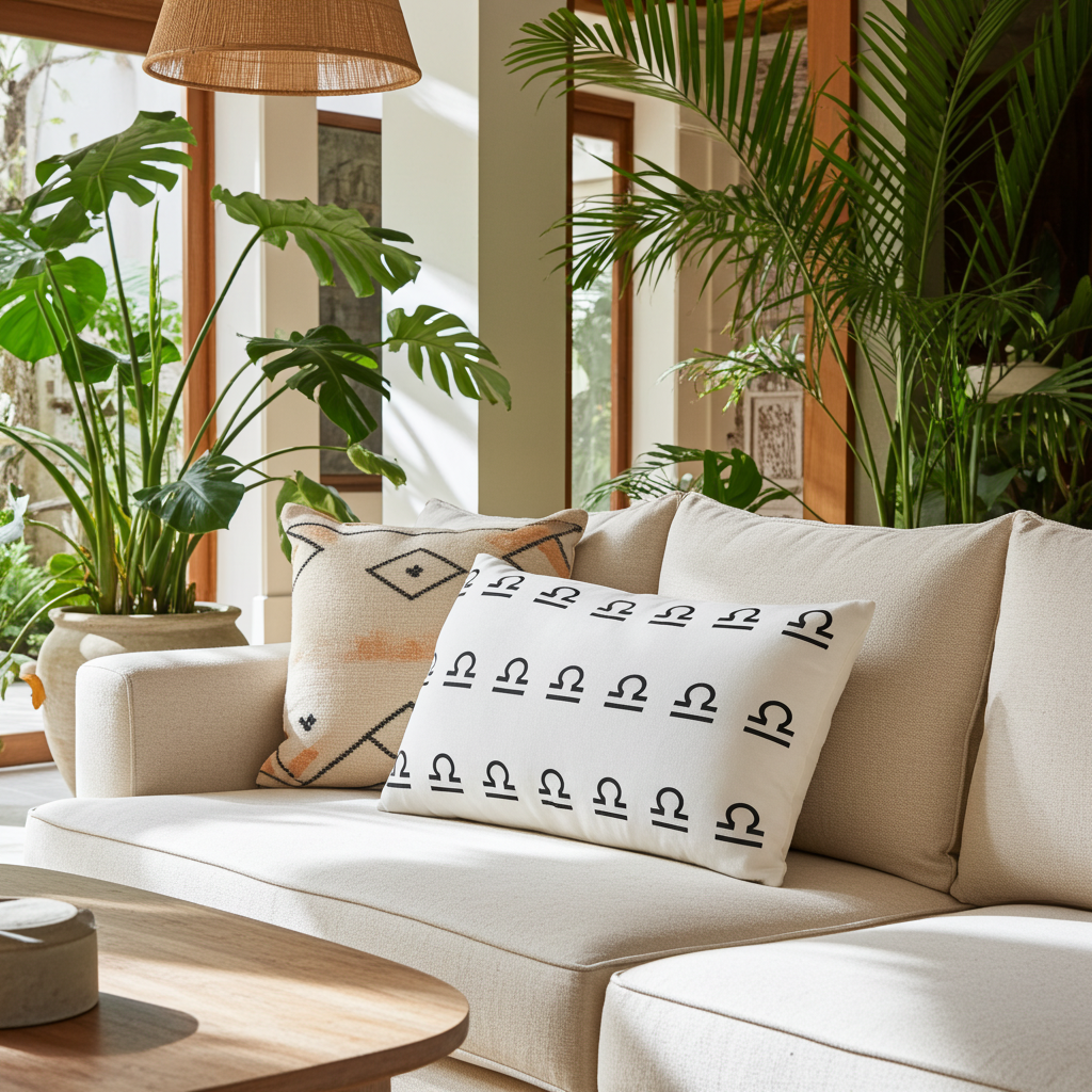Beige sofa with a libra patterned cushion in a room with plants and wooden furniture.