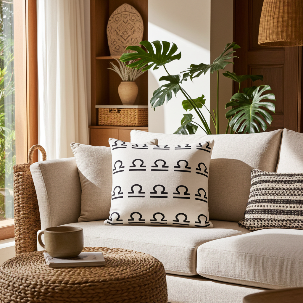 Living room with a beige sofa, patterned libra pillow, and a woven ottoman.