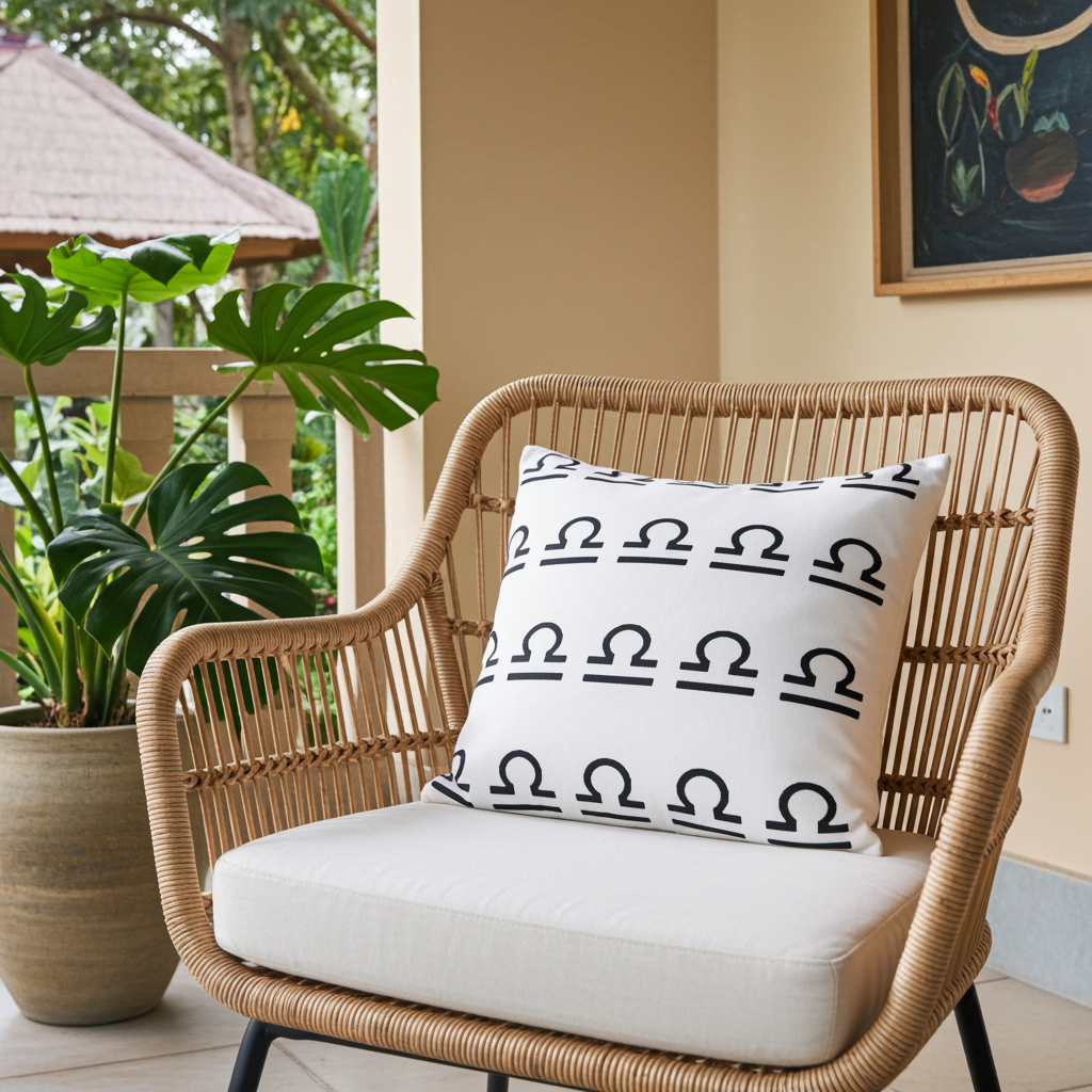 Wicker chair with a white pillow featuring black libra patterns, next to a potted plant on a patio.